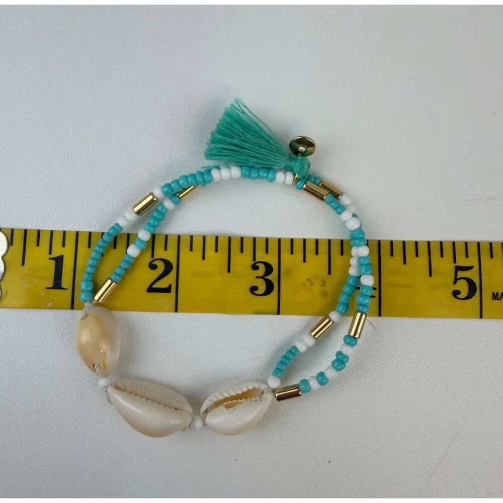J.Crew 3-In-1 Strand Cowrie Shell Turquoise White Bead Tassel Bracelet Gold